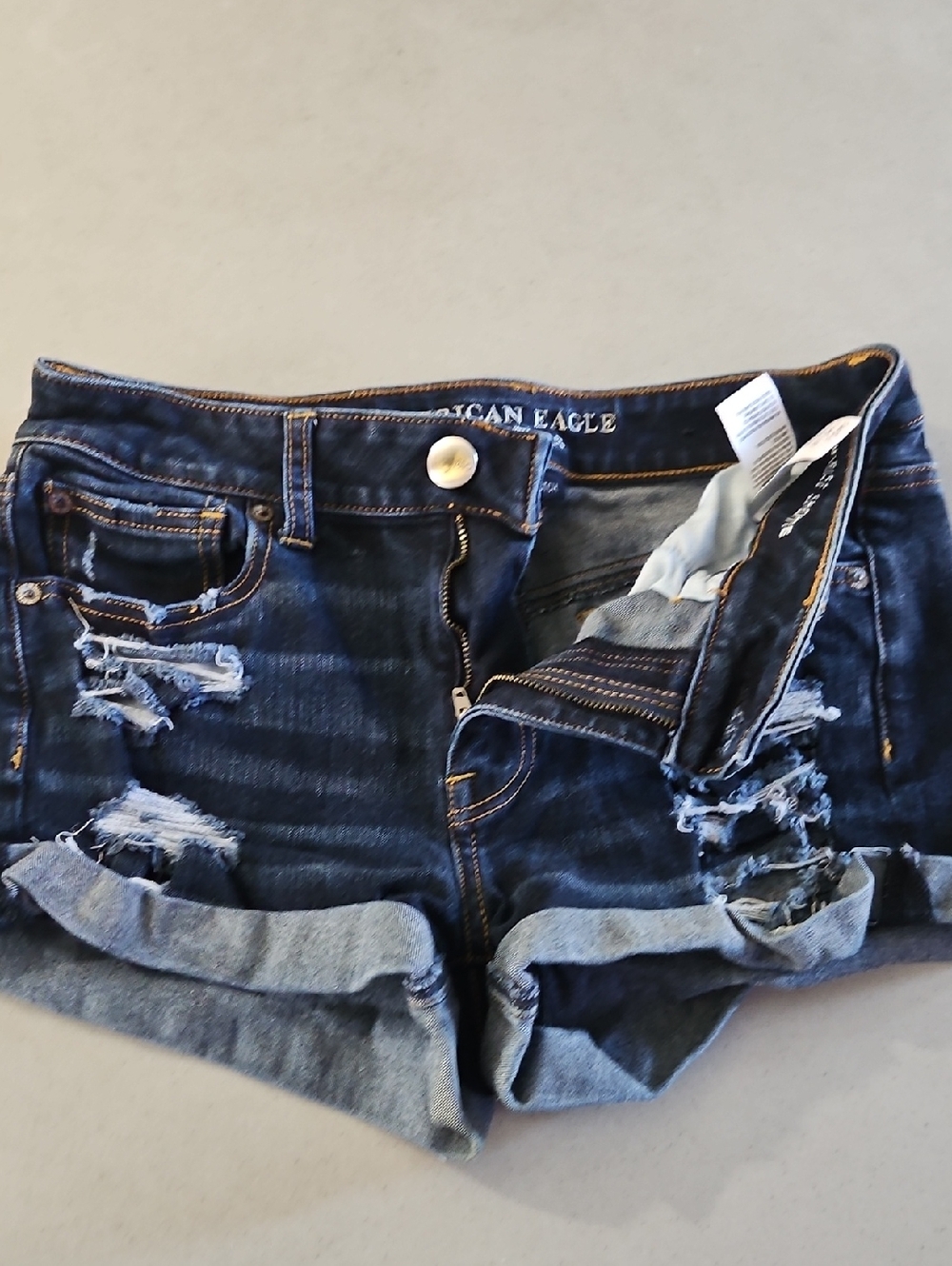 American Eagle Outfitters Dark Blue Distressed Denim Shorts